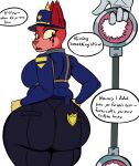  absurd_res anthro big_butt bottomwear breasts butt clothed clothing cuff_(restraint) felid feline female fur handcuffs hi_res huge_butt isolatedartest mammal metal_cuffs pants police rear_view red_body red_fur restraints running_makeup simple_background the_lego_movie thick_thighs unikitty white_background 