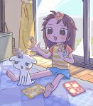  1girl 1nupool :3 animal barefoot blush_stickers brown_eyes brown_hair commentary dog highres indoors medium_hair original sitting sticker 