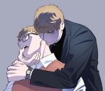  2boys black_jacket commentary contemporary daki_info dual_persona dungeon_meshi extra_pupils finger_in_another&#039;s_mouth glasses grey_background highres hug hug_from_behind jacket laios_touden looking_at_viewer male_focus multiple_boys shirt simple_background smile symbol-only_commentary turtleneck upper_body watch white_shirt wristwatch yellow_eyes 