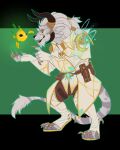  4_ears 4_horns anthro bottomwear charr claws clothed clothing eyewear fangs felid guild_wars hi_res horn jade_bot looking_at_another male mammal monocle multi_ear multi_horn open_mouth shardfox solo tongue topwear video_games 