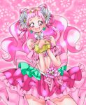  1girl :d bare_shoulders blush clover_earrings commentary_request cure_yell double_bun earrings eyelashes hair_ornament happy hugtto!_precure jewelry layered_skirt long_hair looking_at_viewer magical_girl midriff navel nono_hana open_mouth pink_background pink_eyes pink_hair pink_shirt pink_skirt pink_theme precure shirt shunciwi skirt smile solo standing wrist_cuffs 