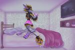  anthro avali bed bottomwear butt claws clothed clothing crossdressing feathered_tail feathered_wings feathers furniture girly gloves handwear hi_res kivalewds kneeling looking_at_viewer male open_mouth paws pillow plushie skirt solo surprised_expression television wings 