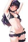  1girl bikini black_bikini black_hair bow bow_bikini earrings frilled_bikini frills gin00 hime_cut idolmaster idolmaster_shiny_colors jewelry leg_garter leg_strap long_hair mayuzumi_fuyuko midriff navel red_eyes ribs swimsuit wavy_hair 