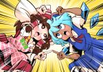  2girls ahegao annyui_(cookie) apron blue_bow blue_dress blue_eyes blue_hair blush bow breasts brown_eyes brown_hair character_name cirno clothes_writing collared_shirt commentary_request cookie_(touhou) dress emphasis_lines feet_out_of_frame frilled_hair_tubes frills fusion_dance gram_9 hair_bow hair_tubes hakurei_reimu ice ice_wings looking_at_another medium_breasts multiple_girls necktie open_mouth pink_apron puffy_short_sleeves puffy_sleeves red_bow red_dress rurima_(cookie) shiny shiny_skin shirt short_hair short_sleeves tan tongue tongue_out touhou white_shirt wings yellow_background yellow_necktie 