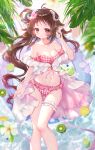  1girl animal_ears antenna_hair arknights artist_name bikini breasts brown_hair cleavage eyjafjalla_(arknights) eyjafjalla_(summer_flowers)_(arknights) feet_out_of_frame food fruit hanajiang hand_in_hair hand_up highres kiwi_(fruit) leaf long_hair looking_at_viewer medium_breasts navel off-shoulder_bikini off_shoulder official_alternate_costume pink_bikini pink_eyes sheep_ears sheep_girl solo stomach swimsuit thigh_strap very_long_hair water 