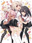  3girls argyle argyle_legwear black_hair black_skirt blonde_hair blush brown_eyes candy candy_cane chloe_von_einzbern dark-skinned_female dark_skin fang fate/kaleid_liner_prisma_illya fate_(series) feet_out_of_frame food hair_ornament hair_ribbon hairclip half_updo hand_on_another&#039;s_hip hiroyama_hiroshi holding_another&#039;s_arm holding_hands illyasviel_von_einzbern interlocked_fingers kneehighs loafers lollipop long_hair looking_at_viewer looking_back miyu_edelfelt multiple_girls neck_ribbon official_art one_eye_closed one_side_up open_mouth orange_eyes pink_hair pleated_skirt red_ribbon ribbon sailor_collar sailor_shirt second-party_source shirt shoes short_sleeves skirt smile sweatdrop swirl_lollipop teeth thighhighs v white_shirt zettai_ryouiki 