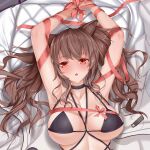  1girl angelina_(arknights) animal_ears arknights armpits arms_up bikini black_bikini blush bound breasts brown_hair cirnos fox_ears large_breasts long_hair looking_at_viewer micro_bikini open_mouth red_eyes red_ribbon ribbon ribbon_bondage solo swimsuit triangle_mouth twintails upper_body 