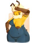 angryelanoises antennae_(anatomy) anthro areola arthropod bee big_breasts blonde_hair blue_clothing blue_overalls bodily_fluids breasts brown_areola brown_body brown_nipples clothing eyes_closed female front_view hair hi_res hymenopteran insect neck_tuft nipples one_breast_out open_mouth overalls overweight overweight_female pink_background simple_background solo sweat sweatdrop thick_thighs tuft white_background wide_hips yellow_body