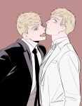  2boys absurdres black_jacket blonde_hair commentary contemporary daki_info dual_persona dungeon_meshi extra_pupils grey_vest highres jacket laios_touden looking_at_viewer male_focus multiple_boys shirt simple_background symbol-only_commentary tongue tongue_out upper_body vest white_shirt yellow_eyes 