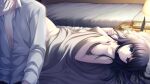  1boy 1girl after_sex alpha_(yukai_na_nakamatachi) bangs bed_sheet black_hair blue_eyes breasts closed_mouth collarbone collared_shirt dress_shirt eyebrows_visible_through_hair g-senjou_no_maou game_cg long_hair long_sleeves lying medium_breasts nipples on_back on_bed shiny shiny_hair shirt sitting smoking straight_hair tokita_yuki under_covers white_shirt wing_collar 