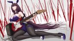  1girl amplifier animal_ears bangs bare_shoulders blush breasts cleavage detached_collar electric_guitar fake_animal_ears fate/grand_order fate_(series) fishnet_legwear fishnets gae_bolg_(fate) guitar hair_between_eyes high_heels highleg highleg_leotard highres ichi_yoshida instrument large_breasts leotard long_hair looking_at_viewer pantyhose piercing_bunny playboy_bunny polearm purple_hair purple_leotard rabbit_ears red_eyes scathach_(fate) solo spear weapon wrist_cuffs 