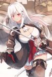  1girl absurdres azur_lane black_legwear blush breasts butterfly_hair_ornament check_commentary cleavage commentary_request dunkerque_(azur_lane) gloves grey_hair hair_ornament hane_(feathe02) highres holding holding_sword holding_weapon large_breasts long_hair long_sleeves looking_at_viewer red_eyes smile sword weapon 