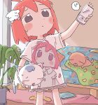  1girl 1nupool animal blush_stickers carrying cat character_print controller dog highres hot indoors original red_hair remote_control shirt short_hair short_shorts shorts sweat t-shirt 