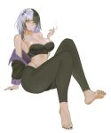  1girl arm_support black_bra black_hair black_jacket black_nails black_pants blunt_bangs bra breasts cigarette grey_hair highleg highleg_panties highres holding holding_cigarette hololive hololive_english huge_breasts invisible_chair jacket long_hair looking_at_viewer multicolored_hair nail_polish panties pants s7nsles shiori_novella simple_background sitting smoke solo split-color_hair strapless strapless_bra toenail_polish toenails two-tone_hair underwear virtual_youtuber white_background yellow_eyes yoga_pants 