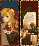  1girl absurdres art_brush bead_necklace beads blonde_hair blue_background blue_eyes border brown_jacket canvas_(object) closed_mouth easel flower hair_flower hair_ornament headscarf heqiao highres jacket jewelry long_hair necklace ornate_border paint paintbrush painting_(action) painting_(object) palette_(object) portrait_(object) red_background red_border red_headscarf red_scarf reverse:1999 scales scarf shirt smile solo upper_body vila_(reverse:1999) white_flower white_shirt windsong_(reverse:1999) yellow_border 
