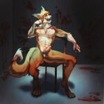  2022 abs absurd_res anthro arm_scar athletic athletic_male balls bedroom_eyes belly blood blood_on_arm blood_on_ground blood_on_hand blood_on_wall blue_eyes bodily_fluids brown_legs canid canine chair chest_scar chest_tuft confident countershade_face countershade_torso countershading detailed_background digital_media_(artwork) dripping erection floor front_view full-length_portrait fur furniture genital_fluids genitals hi_res humanoid_genitalia humanoid_penis leg_markings licking light lighting male mammal markings narrowed_eyes nipples on_chair orange_body orange_fur pecs penis portrait precum precum_drip scar seductive self_lick shaded shoulder_tuft sitting sitting_on_chair socks_(marking) solo sphynxx11 tan_belly tan_body tan_countershading teeth tongue tongue_out tuft wall_(structure) whiskers 