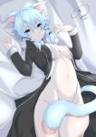  1girl absurdres animal_ears black_coat blue_eyes blue_hair breasts cat_ears cat_girl cat_tail coat commentary_request cowboy_shot eyelashes hair_between_eyes hands_up highres looking_at_viewer lying maximum7010 medium_breasts medium_hair navel no_bra no_panties on_back on_bed parted_lips signature sinon sinon_(sao-alo) solo stomach sword_art_online tail tail_censor 