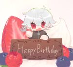  1boy :d bangs black_jacket blueberry brown_background chibi eyebrows_visible_through_hair fang food fork fruit grey_hair hair_between_eyes happy_birthday highres holding holding_fork jacket kiduta_cielo kuzuha_(nijisanji) long_sleeves looking_at_viewer male_focus nijisanji raspberry red_eyes smile solo strawberry track_jacket virtual_youtuber 