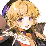  1girl beret black_choker black_hair black_jacket blonde_hair blunt_bangs chinese_commentary choker collarbone collared_jacket commentary_request commission diamond_choker dot_nose eyelashes fang hair_rings happy hat high_collar jacket kamu_(poulro) light_blush long_hair long_sidelocks loose_hair_strand open_clothes open_jacket open_mouth original outline purple_eyes red_shirt sample_watermark shirt sidelocks simple_background single_hair_intake smile solo upper_body watermark weibo_watermark white_background 