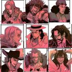  6+boys ascot bartolomeo basil_hawkins caesar_clown commentary_request curly_hair dracule_mihawk eustass_kid facial_hair frills glasses goatee goggles goggles_on_head gol_d._roger hat_feather hattori_(one_piece) horns insect_candy kuzan_(aokiji) long_hair male_focus mechanical_arms multiple_boys multiple_drawing_challenge mustache one_piece rob_lucci short_hair silvers_rayleigh single_mechanical_arm v-shaped_eyebrows 