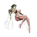  1girl ahoge barcode barefoot blue_eyes bodysuit bored breasts catsuit covered_nipples english_text full_body green_hair green_nails hair_between_eyes head-mounted_display highres holographic_interface huge_ahoge huge_breasts knees_together_feet_apart last_origin lemonade_epsilon medium_hair nail_polish navel non-web_source official_art parted_lips see-through_bodysuit see-through_clothes simple_background sitting skin_tight solo sr911656337775 tachi-e teeth toenail_polish toenails transparent_background underboob unzipped very_long_sleeves 