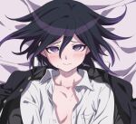  1boy anime_coloring bangs bed_sheet black_hair blush breast_pocket collarbone danganronpa_(series) danganronpa_v3:_killing_harmony hair_between_eyes jacket jacket_removed long_sleeves looking_at_viewer male_focus multicolored_hair open_clothes open_jacket ouma_kokichi pink_eyes pink_hair pocket shirt short_hair solo togi9999 two-tone_hair upper_body white_shirt 