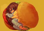  1girl barefoot blue_eyes brown_hair burger cheese cloneko_(zelmeledf2) food hair_between_eyes in_food lettuce long_hair long_sleeves looking_at_viewer minigirl original pajamas simple_background solo tomato yellow_background 