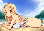  :o ass blonde_hair blush breast_press breasts covered_nipples cowboy_shot earrings jewelry large_breasts long_hair looking_at_viewer lying mythra_(radiant_beach)_(xenoblade) mythra_(xenoblade) on_stomach outdoors sideboob skindentation swimsuit tiara virus-g xenoblade_chronicles_(series) xenoblade_chronicles_2 yellow_eyes 