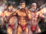  3boys abs bara black_hair breath bulge buzz_cut chest_hair clenched_hand cowboy_shot dripping f-una facial_hair fundoshi goatee grin hachimaki hand_up headband highres japanese_clothes leg_hair male_focus multiple_boys navel navel_hair nejiri_hachimaki night nipples one_eye_closed open_mouth original outdoors pectorals red_fundoshi short_hair sideways_glance smile snowing spiked_hair standing toned toned_male underwear underwear_only very_short_hair walking wet 