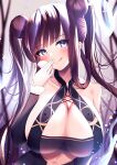  1girl bangs bare_shoulders black_dress blue_eyes blush breasts cleavage detached_sleeves double_bun dress fate/grand_order fate_(series) large_breasts lee-taro licking_lips long_hair looking_at_viewer purple_hair sidelocks smile solo tongue tongue_out twintails very_long_hair yang_guifei_(fate) 