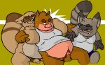  2008 anthro balls belly black_nose blush bodily_fluids canid canine clothing cute_fangs erection eyes_closed fatyogi genitals group male male/male mammal overweight overweight_male penis procyonid pubes raccoon raccoon_dog shirt suid suina sus_(pig) sweat tanuki topwear wild_boar 