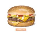  bread_bun burger cheese commentary_request english_text fast_food food food_focus highres jchoy ketchup meat onion onion_slice original pickle sandwich sauce sesame_seeds shadow simple_background sliced_meat still_life white_background 