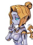  1girl bangs blonde_hair breasts colored_sclera from_side green_sclera hair_bun hand_up league_of_legends medium_breasts orianna_(league_of_legends) phantom_ix_row robot simple_background solo tagme upper_body white_background 