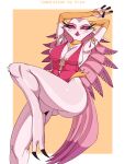2023 2_toes 4_fingers absurd_res alternate_costume anatid anseriform anserinae anthro arm_above_head arm_tuft arms_bent armwear artist_name avian avian_demon bare_shoulders beak belly_tuft bent_leg big_breasts biped bird black_claws black_eyebrows breasts bridal_gauntlets butt cheek_tuft claws clothed clothed_anthro clothed_female clothing curved_eyebrows demon digital_drawing_(artwork) digital_media_(artwork) digitigrade english_text eye_roll eyebrows eyelashes facial_tuft feather_hair feather_tuft feathers feet female finger_claws fingers geometric_background glistening glistening_body glistening_breasts glistening_feathers glistening_legs glistening_thighs hand_behind_head heart_symbol helluva_boss hi_res iris jewelry knee_tuft kryadrawgin leg_tuft light_body light_feathers long_eyelashes long_legs mature_anthro mature_female mouth_closed neck_tuft necklace no_pupils non-mammal_breasts one-piece_swimsuit orange_armwear orange_bridal_gauntlets orange_clothing orange_heart orange_text pink_beak pink_clothing pink_swimwear pink_tail pinup pose pseudo_hair red_sclera shoulder_tuft simple_background skimpy skimpy_swimwear smile smiling_at_viewer smirk smirking_at_viewer solo stella_(helluva_boss) swan swimwear tail tail_feathers text thick_eyelashes thick_thighs three-quarter_view toe_claws toes tuft white_body white_breasts white_eyes white_feathers wide_hipped_anthro wide_hipped_female wide_hips