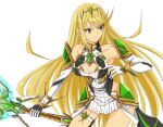  1girl aegis_sword_(xenoblade) bangs bare_legs bare_shoulders blonde_hair breasts chest_jewel cleavage cleavage_cutout clothing_cutout dress earrings elbow_gloves gem gloves headpiece highres jewelry large_breasts long_hair mythra_(xenoblade) short_dress sofusan1526 solo swept_bangs thigh_strap tiara very_long_hair white_dress white_gloves xenoblade_chronicles_(series) xenoblade_chronicles_2 yellow_eyes 