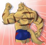 albertmg33_(artist) anthro back_muscles biceps blue_bottomwear blue_clothing blue_shorts bottomwear butt butt_outline chance_furlong clothed clothing cocky cocky_smile domestic_cat dominant dominant_anthro dominant_male felid feline felis fist fists_clenched flexing flexing_bicep flexing_both_biceps flexing_muscles flirting flirting_look flirting_with_viewer fur hanna-barbera hi_res looking_at_viewer looking_back looking_back_at_viewer male mammal manly markings muscular muscular_anthro muscular_male rear_view red_background seducing_viewer seductive shadow shirtless shirtless_anthro shirtless_male shorts showing_off_butt showing_off_muscles simple_background solo striped_body striped_fur striped_markings stripes swat_kats tail thick_arms topless topless_anthro topless_male white_background yellow_body yellow_fur