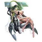  1girl ahoge barcode barefoot blue_eyes bodysuit bored breasts catsuit chair covered_nipples english_text full_body green_hair green_nails hair_between_eyes head-mounted_display highres holographic_interface huge_ahoge huge_breasts knees_together_feet_apart last_origin lemonade_epsilon medium_hair nail_polish navel non-web_source official_art parted_lips see-through_bodysuit see-through_clothes simple_background sitting skin_tight solo sr911656337775 tachi-e teeth toenail_polish toenails transparent_background underboob unzipped very_long_sleeves 