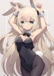  1girl :3 absurdres animal_ears armpits arms_up black_legwear black_leotard blonde_hair bow bowtie breasts bunny_pose cleavage cowboy_shot detached_collar green_eyes highres hinata_(user_rjkt4745) leotard medium_breasts original pantyhose playboy_bunny rabbit_ears rabbit_tail solo standing strapless strapless_leotard tail wrist_cuffs 