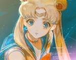  1girl artist_name bangs bishoujo_senshi_sailor_moon blonde_hair breasts choker cleavage collar commentary crescent crescent_earrings crying crying_with_eyes_open double_bun earrings eyebrows_behind_hair eyelashes gold heart heart_collar instagram_username jewelry lens_flare lens_flare_abuse long_hair looking_at_viewer meme parted_bangs parted_lips pixiv_id sailor_collar sailor_moon sailor_moon_redraw_challenge_(meme) say_hana signature solo tears tsukino_usagi twintails twitter_username upper_body 