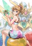  1girl 1other ass bike_shorts blue_eyes breasts brown_hair commentary dated english_commentary gundam gundam_build_fighters gundam_build_fighters_try highres hoshino_fumina large_breasts looking_at_viewer mecha medium_breasts midriff okrdisk2000 ponytail robot scrunchie short_hair sports_bra two-tone_sports_bra waving winning_gundam 