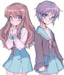  2girls alternate_eye_color asahina_mikuru bangs belt blue_sailor_collar blue_skirt book brown_cardigan brown_eyes brown_hair cardigan closed_mouth commentary_request expressionless eyebrows_visible_through_hair glasses highres holding holding_book kita_high_school_uniform long_hair long_sleeves looking_at_viewer mochoeru multiple_girls nagato_yuki open_cardigan open_clothes own_hands_together purple_eyes purple_hair red_ribbon ribbon sailor_collar school_uniform serafuku short_hair simple_background skirt suzumiya_haruhi_no_yuuutsu white_background 
