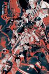  absurdres aiming amuro_ray arm_shield axis_(gundam) beam_rifle bright_noa chan_agi char&#039;s_counterattack char_aznable commentary copyright_name dakota_randall energy_gun english_commentary fin_funnels full_body gun gundam gyunei_guss hathaway_noa helmet highres holding holding_gun holding_weapon mecha mecha_focus mobile_suit nanai_miguel nu_gundam outstretched_arm photoshop_(medium) pilot_helmet poster_(medium) quess_paraya red_theme robot sazabi science_fiction shield space space_helmet star_(sky) v-fin weapon 