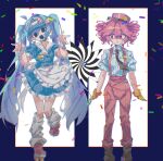  alternate_costume apron arms_at_sides black_eyes black_necktie black_shoes blue_background blue_dress blue_hair bow collared_shirt confetti dress drill_hair frilled_apron frills full_body gloves grapeichi hair_between_eyes hands_up hat hat_bow hatsune_miku highres kasane_teto kepi kneehighs layered_dress leg_up long_hair looking_at_another mesmerizer_(vocaloid) military_hat necktie pants pinstripe_dress pinstripe_hat pinstripe_pattern red_bow red_eyes red_hair red_hat red_pants red_shoes sailor_collar sharp_teeth shirt shoes short_sleeves skates sleeves_rolled_up smiley_hat_ornament socks spiral standing standing_on_one_leg straight-on striped_clothes striped_shirt suspenders sweat teeth twin_drills twintails two-tone_bow upper_teeth_only utau very_long_hair visor_cap vocaloid waist_apron white_apron white_background white_bow white_socks white_wrist_cuffs wing_collar worried wrist_cuffs yellow_gloves 