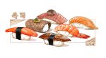  commentary_request crab eel fish_(food) food food_focus highres jchoy nigirizushi no_humans nori_(seaweed) object_focus original rice salmon shadow shrimp still_life sushi tuna 