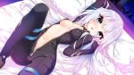  arm_up bed_sheet black_bodysuit black_gloves blue_eyes blush bodysuit breasts building commentary_request commission fingerless_gloves gloves grey_hair hand_up head_tilt highres knee_up long_hair looking_at_viewer lying medium_breasts navel night night_sky on_back open_mouth original pillow saeki_touma skeb_commission sky skyscraper small_sweatdrop sweat unzipped very_long_hair 