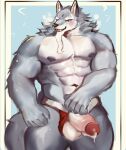  2022 abs anthro beard biceps biped black_nose canid canine canis colored eyebrows facial_hair fur grey_body grey_fur grey_nipples hi_res law_(sdorica) male mammal multicolored_body multicolored_fur muscular muscular_anthro muscular_male muscular_thighs navel nipples pecs placid69 sdorica solo thick_eyebrows two_tone_body two_tone_fur white_body white_eyebrows white_fur wolf 
