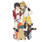  2girls animal_ears animal_hands arm_on_another&#039;s_shoulder black_hair blue_eyes clothes_around_waist colored_sclera crossover fingerless_gloves fire gloves hand_in_pocket highres holding holding_poke_ball hood hooded_vest hoodie jacket jacket_around_waist jiguang_haibao knee_pads koishikawa_iko leaning_on_person long_hair momijiyama_teru multiple_girls open_clothes open_jacket poke_ball poke_ball_(basic) pokemon ponytail quilava red_gloves red_jacket red_sclera scar_across_eyebrow semi-rimless_eyewear shirt shy_(series) tail umbreon vest white_shirt yellow_eyes 