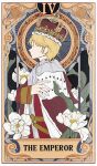  1boy arched_crown blonde_hair cape card char_aznable crown faceless faceless_male gundam highres long_sleeves male_focus mikazuki121410 mobile_suit_gundam_the_origin red_robe robe royal_robe short_hair solo tarot tarot_card the_emperor_(tarot) 