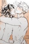  2boys black_hair blush closed_eyes completely_nude granblue_fantasy hand_in_another&#039;s_hair kishiyama lancelot_(granblue_fantasy) licking licking_another&#039;s_face male_focus motion_lines multiple_boys nipples nude sepia speech_bubble sweat teeth tongue tongue_out vane_(granblue_fantasy) yaoi 