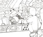  2010 anthro apron bakery blush bottomwear bread cake canid canine clothing croissant dessert detailed_background duo fatyogi food franook male mammal overweight overweight_male pants pastries raccoon_dog shirt suid suina sus_(pig) tanuki topwear wild_boar 